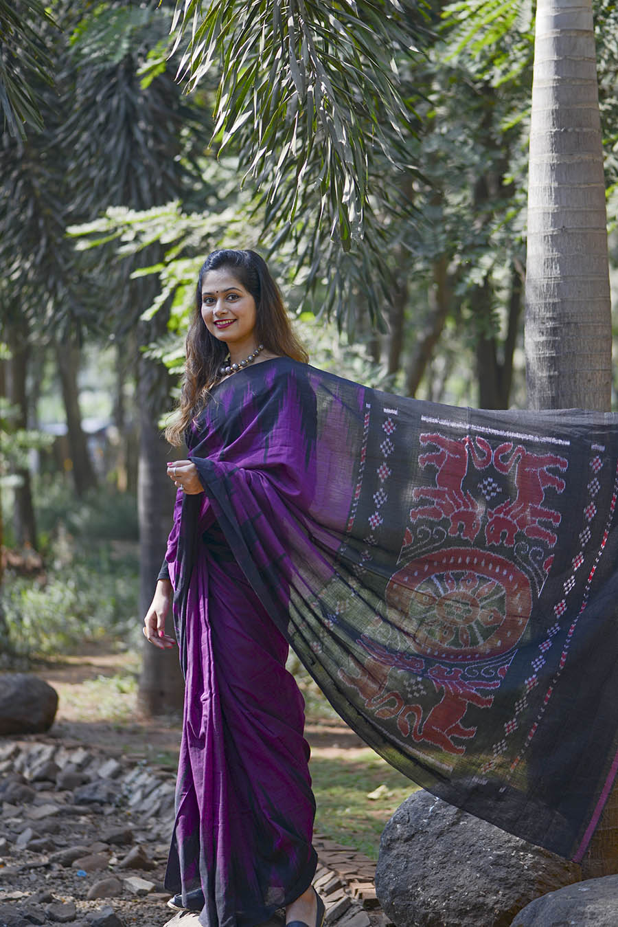 Deep Purple Ikat Cotton Saree - Image 2