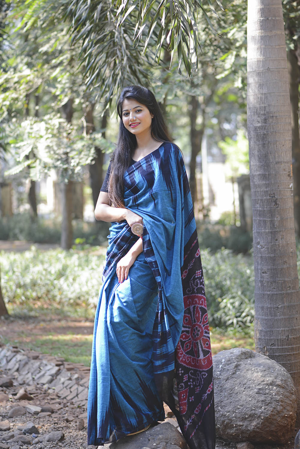 Blue Ikat Cotton Saree - Image 2