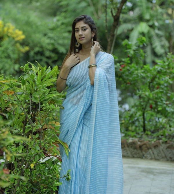 Sky Blue Cotton Line Saree