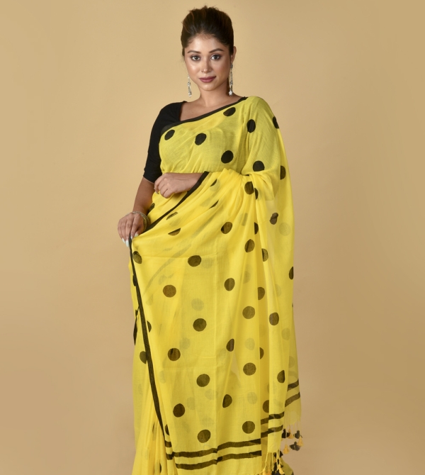 Yellow Black Polka Dots - Hand Block Printed Cotton Saree