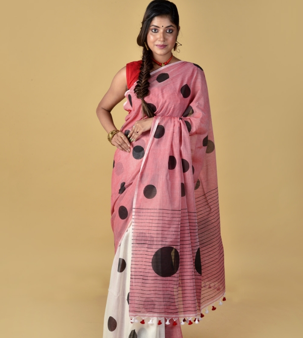 Red White Polka Dots - Hand Block Printed Cotton Saree