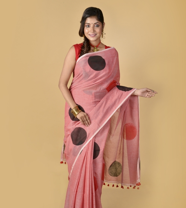 Red Black Polka Dots - Hand Block Printed Cotton Saree
