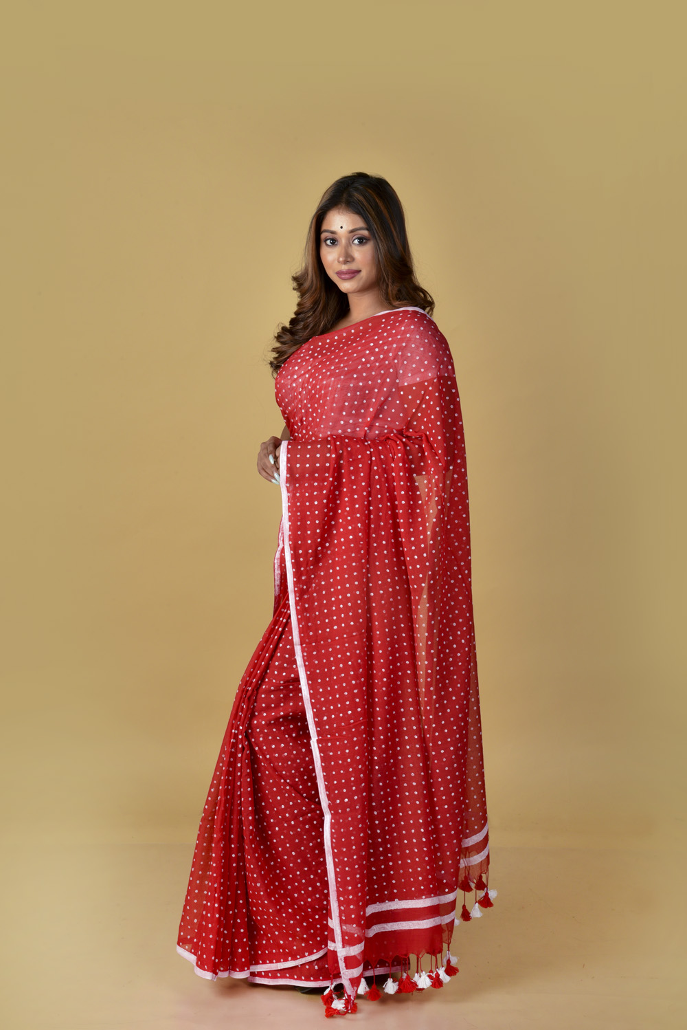 Red & White (All Over Dots) - Hand Block Printed Cotton Saree - Image 3