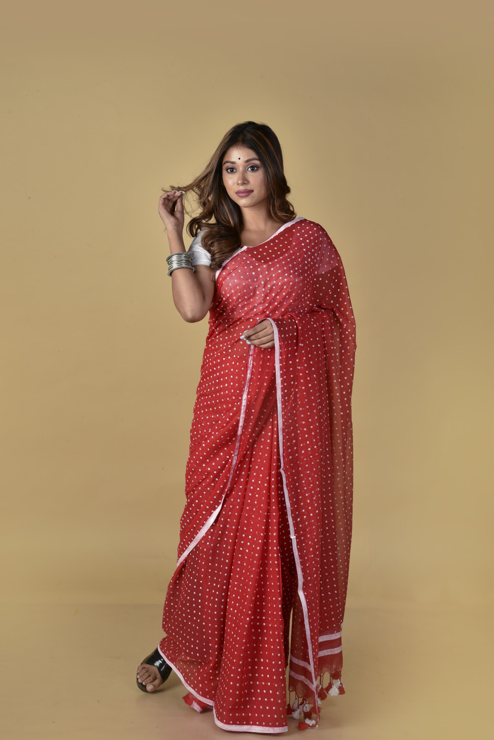 Red & White (All Over Dots) - Hand Block Printed Cotton Saree - Image 2