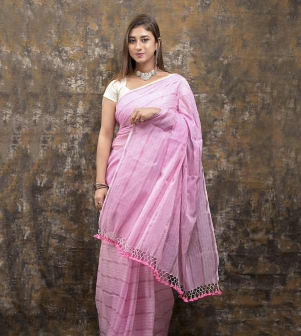 Light Pink Silver Zari Stripes