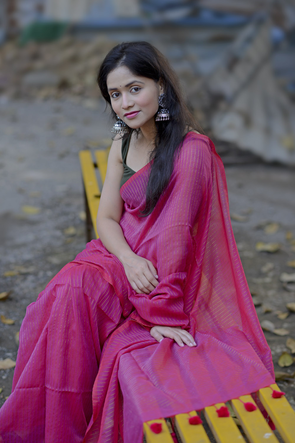 Rani Pink Zari Lines Saree - Image 3